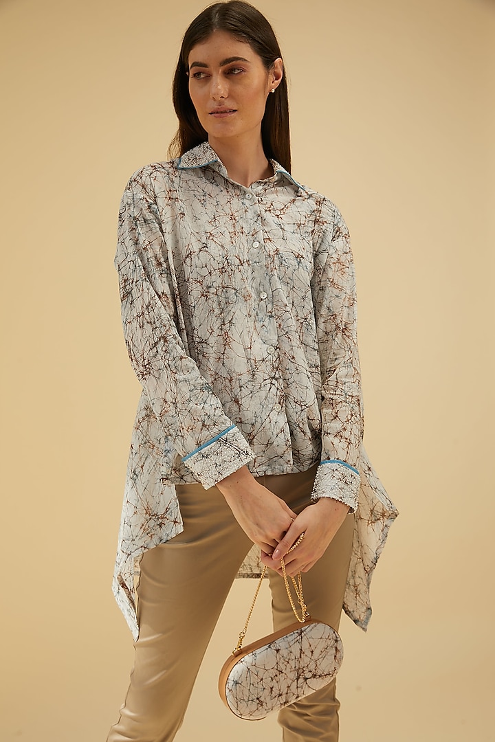 Brown Printed Handcrafted Asymmetrical Shirt by Be True at Pernia's Pop Up Shop