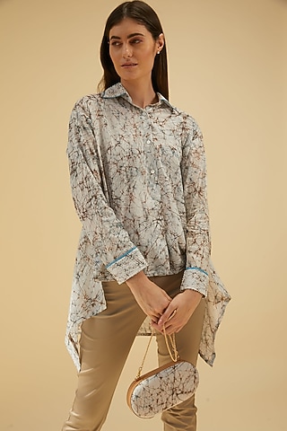 Brown Printed Handcrafted Asymmetrical Shirt by Be True