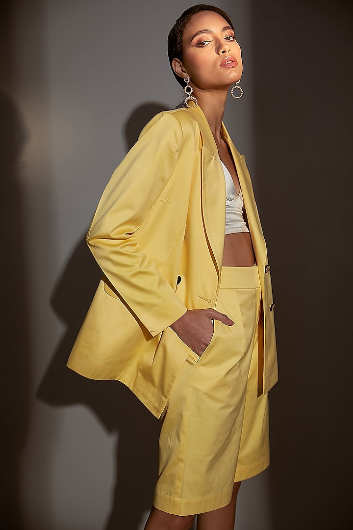 Yellow Cotton Satin Shorts With Blazer by Be True