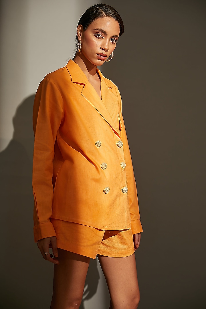 Orange Cotton Linen Blazer With Shorts by Be True