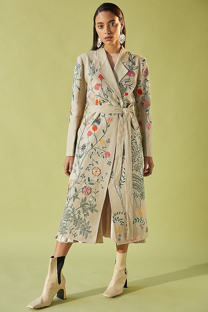 Beige Embroidered Trench Coat by Be True at Pernia's Pop Up Shop