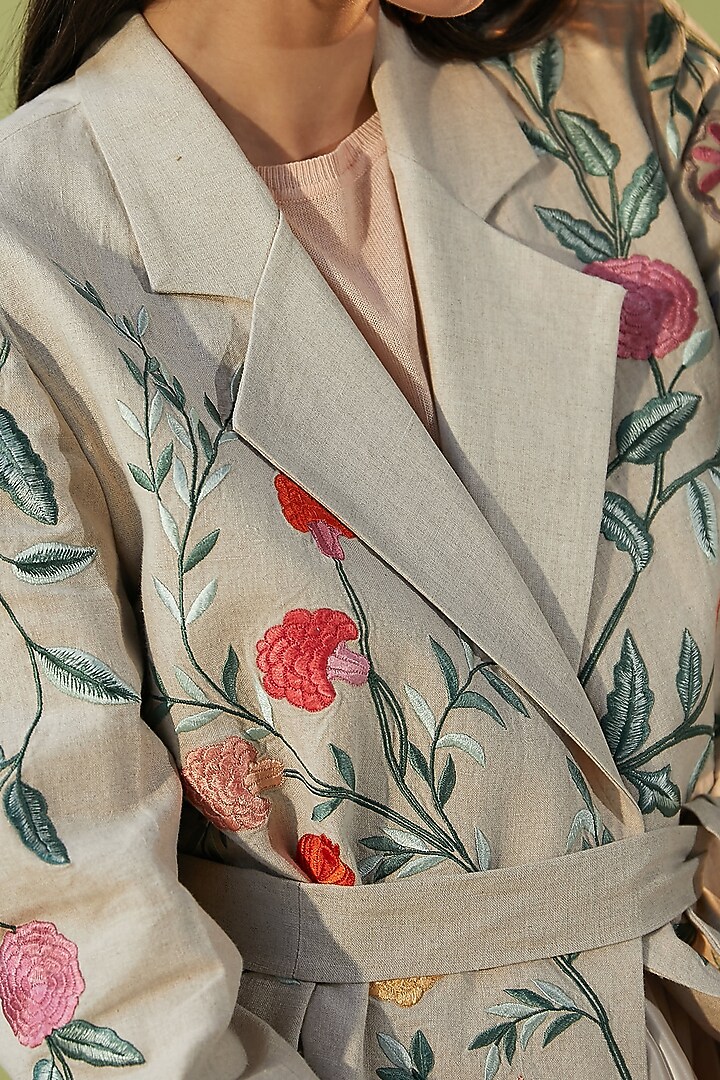 Beige Embroidered Trench Coat by Be True at Pernia's Pop Up Shop
