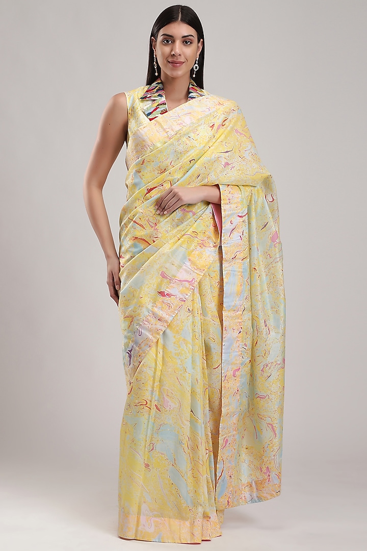 Yellow Silk Printed Saree by Be True