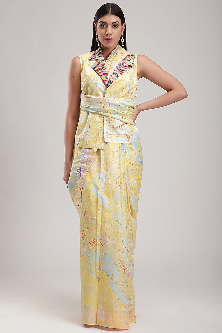 Yellow Silk Printed Festive Saree by Be True at Pernia's Pop Up Shop
