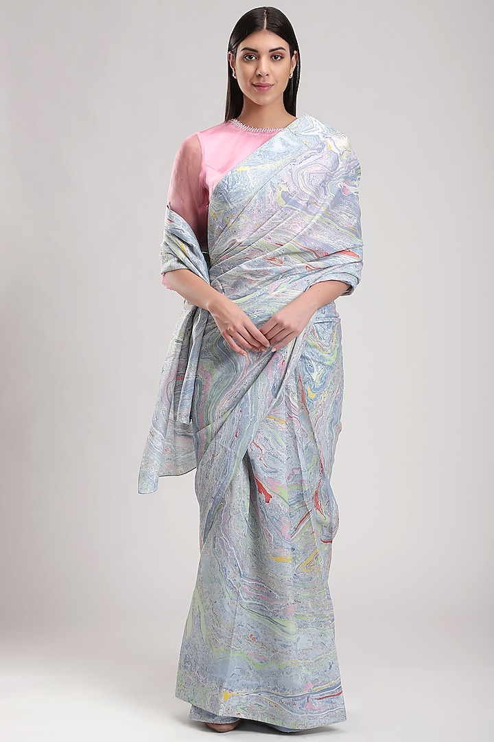 Blue Silk Marble Printed Saree by Be True