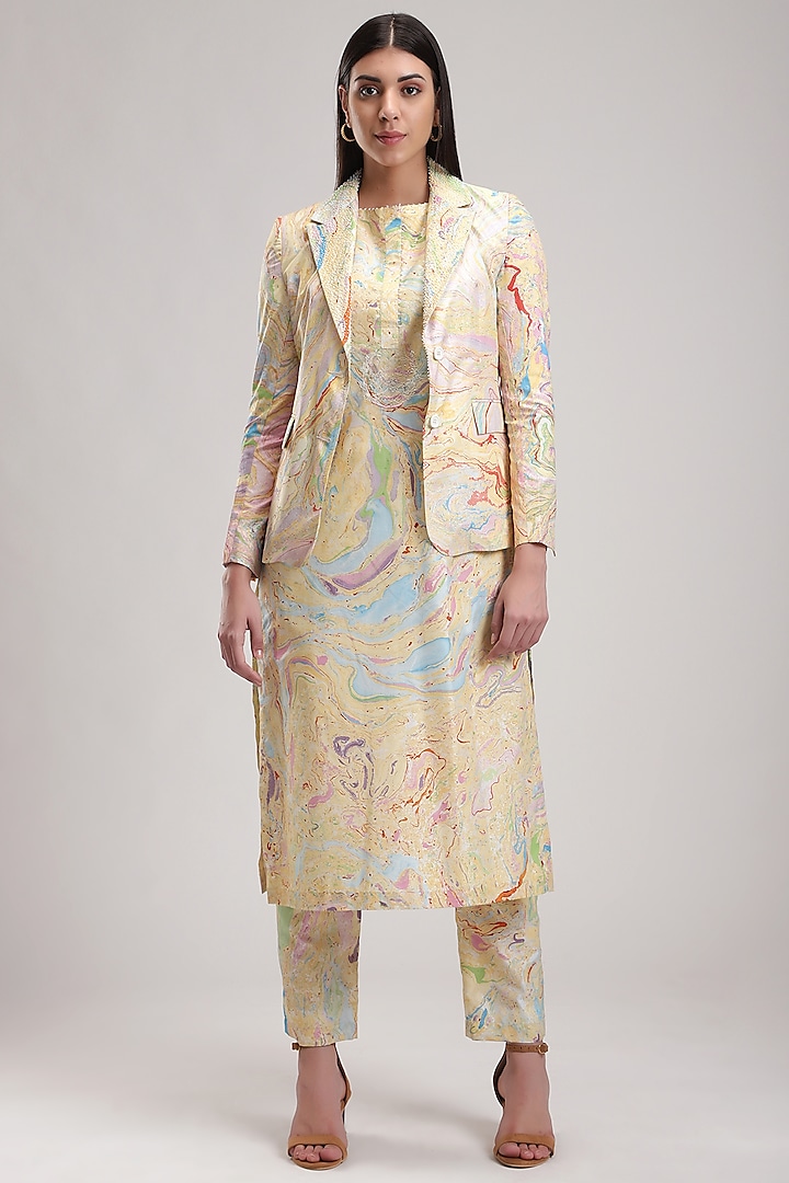 Yellow Handcrafted Marble Printed Jacket by Be True
