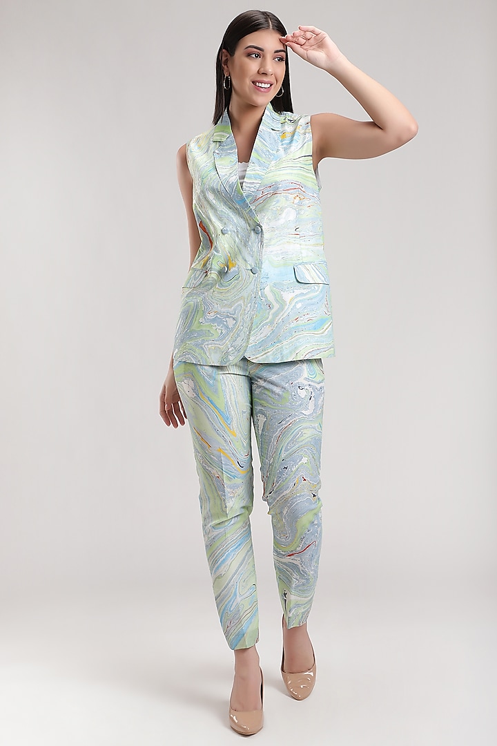 Blue Handcrafted Marble Printed Pant Set by Be True at Pernia's Pop Up Shop