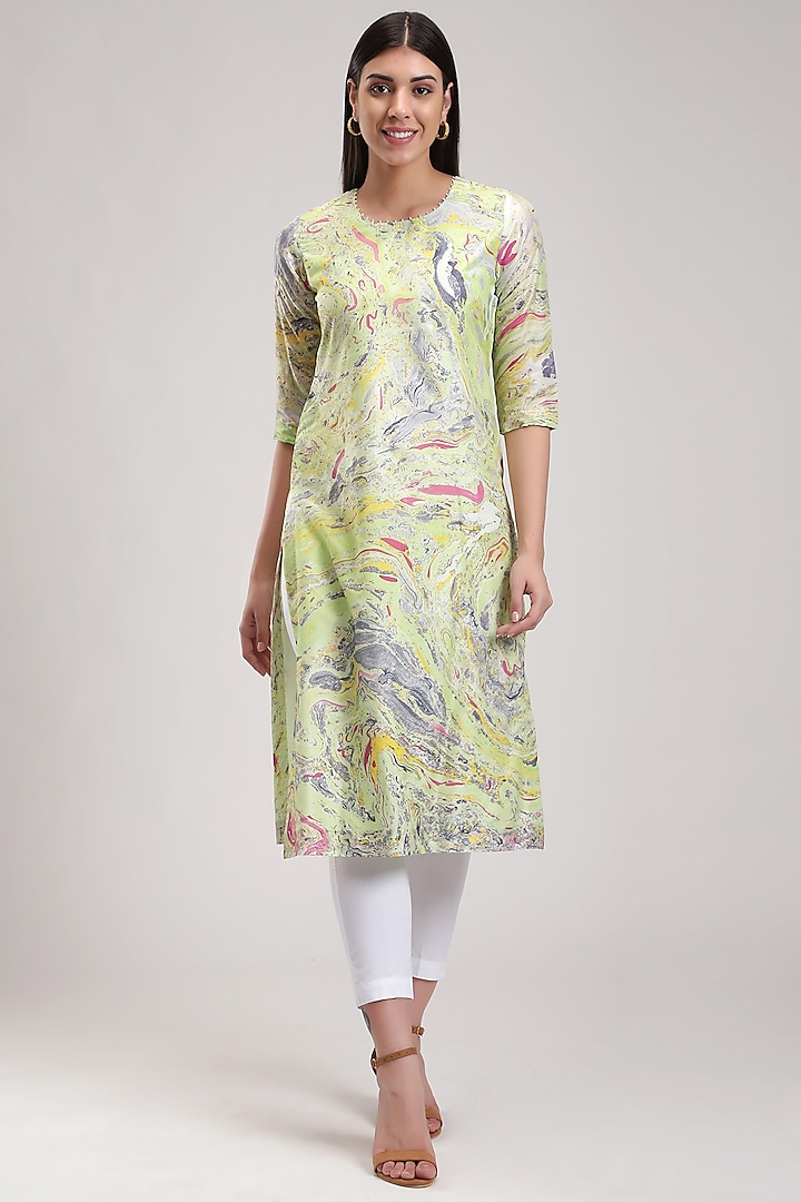 Green Handcrafted Marble Printed Kurta by Be True