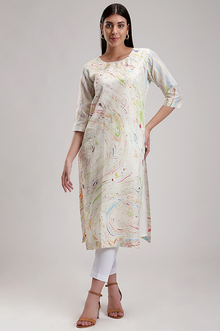 White Handcrafted Marble Printed Kurta by Be True