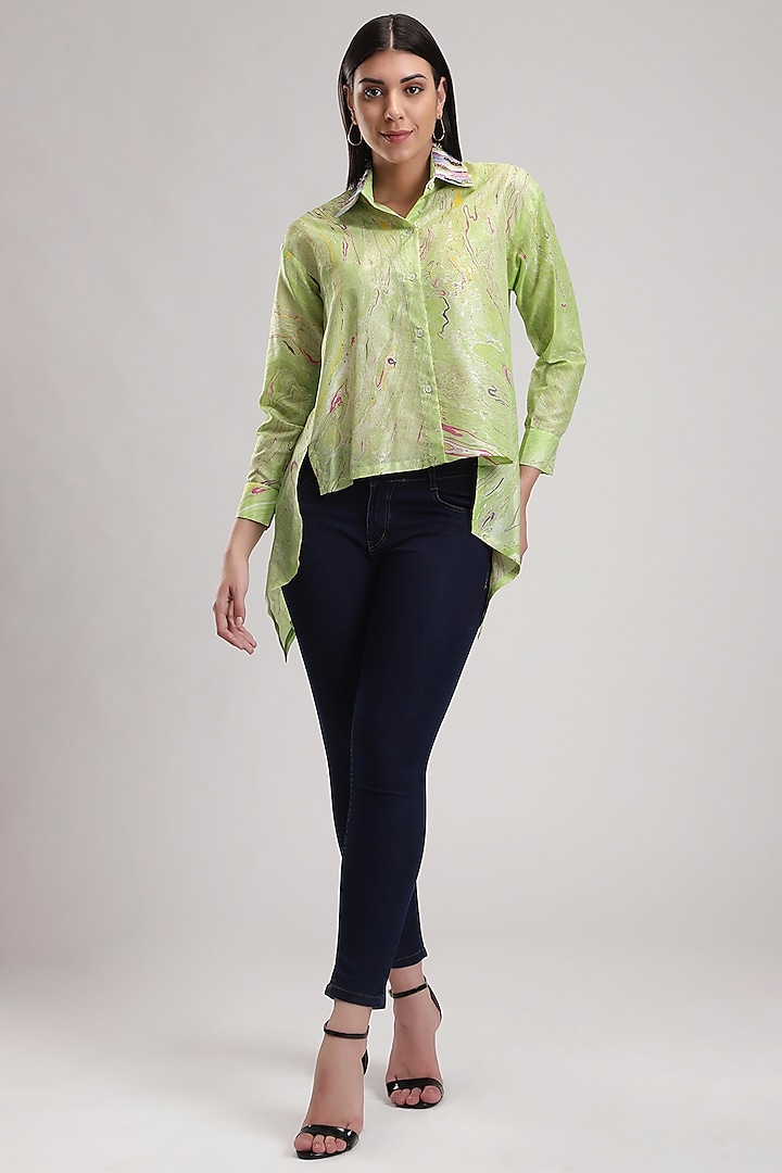 Green Embroidered Asymmetrical Shirt by Be True