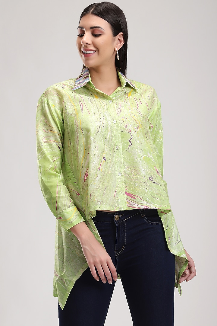 Green Embroidered Asymmetrical Shirt by Be True at Pernia's Pop Up Shop