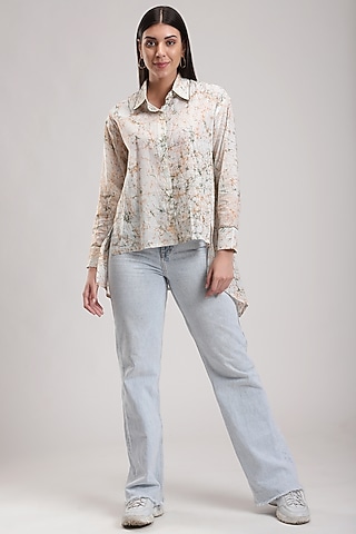 White Batik Printed Asymmetrical Shirt by Be True