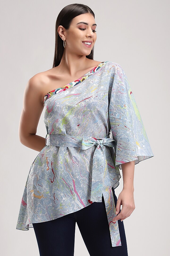 Blue Printed Asymmetrical Top by Be True at Pernia's Pop Up Shop