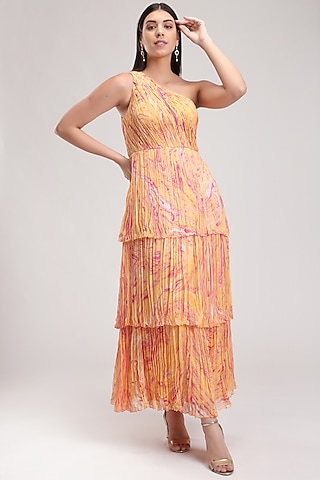 Peach Handcrafted Printed Carpet Dress by Be True