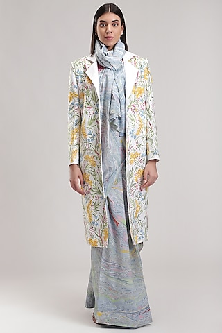 White Printed Linen Trench Coat by Be True