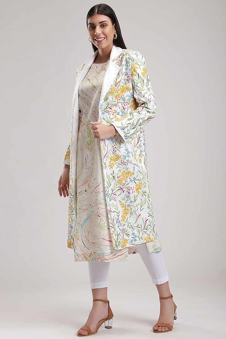 White Printed Linen Trench Coat by Be True at Pernia's Pop Up Shop