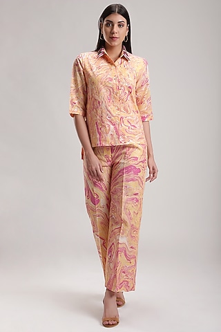 Peach Handcrafted Silk Pant Set by Be True