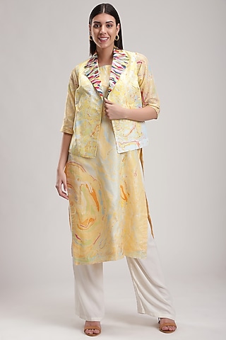 Yellow Embroidered & Printed Waistcoat by Be True