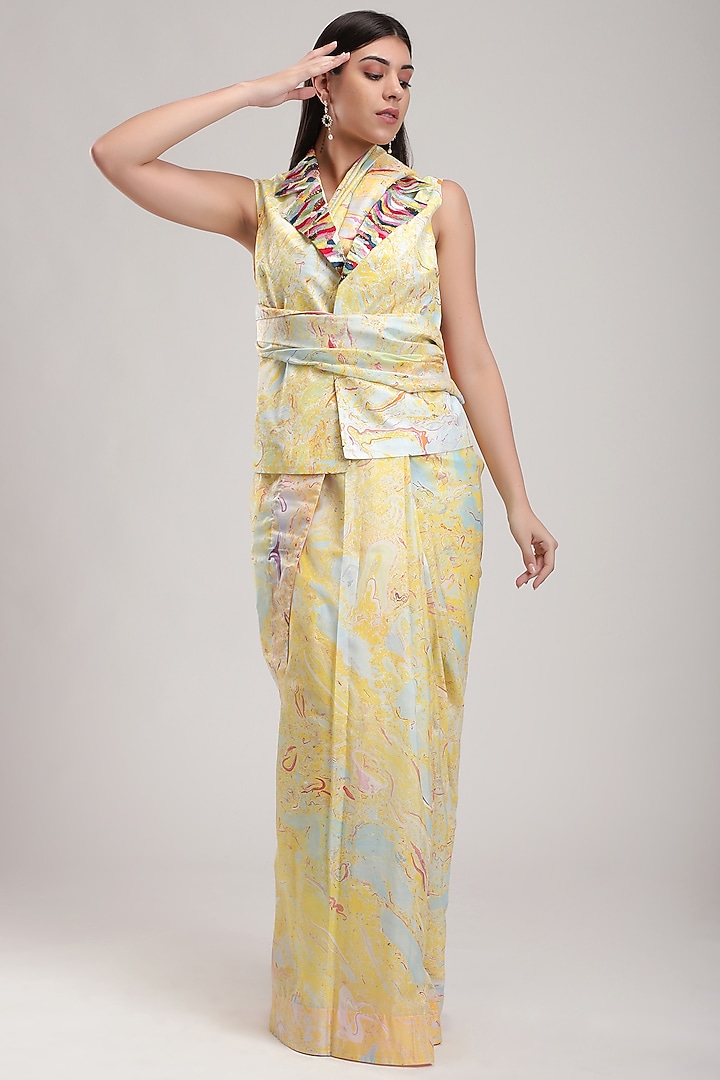 Yellow Embroidered & Printed Waistcoat by Be True at Pernia's Pop Up Shop
