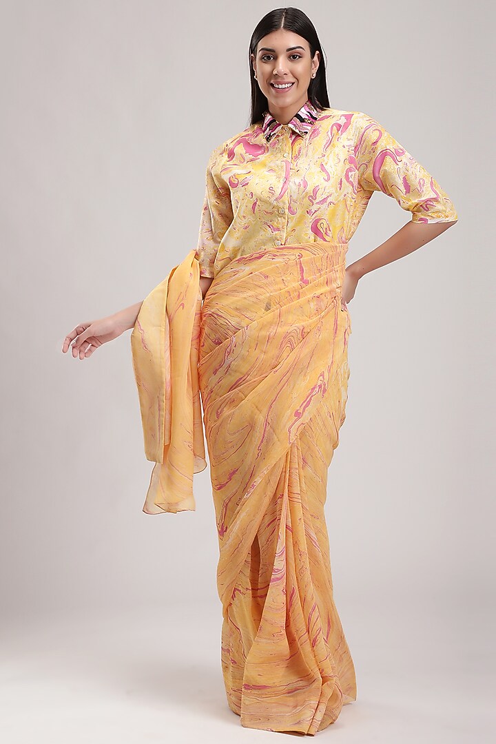 Peach Printed Festive Saree by Be True at Pernia's Pop Up Shop