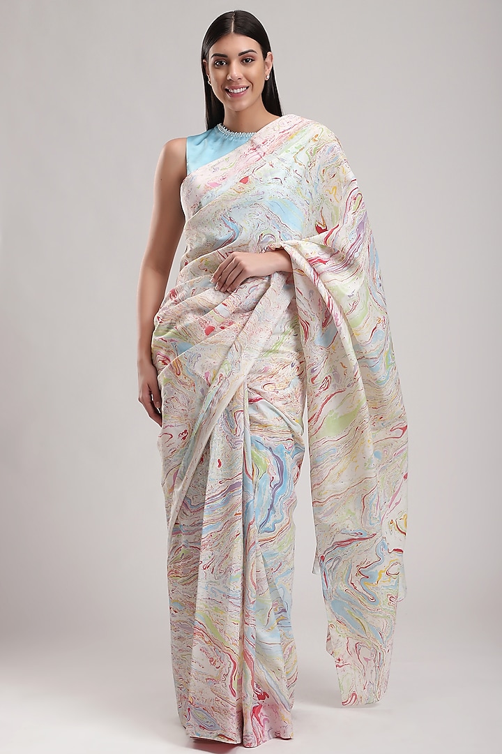 White Printed Handcrafted Saree by Be True