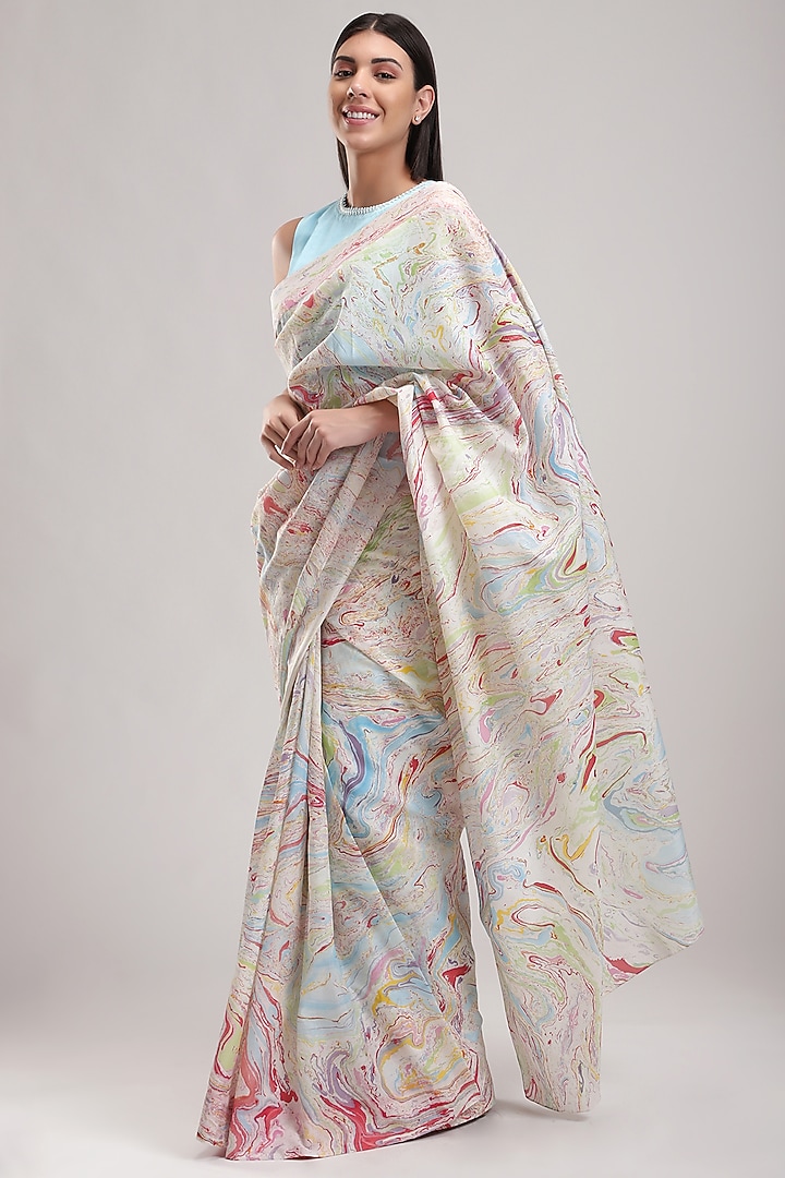 White Printed Handcrafted Festive Saree by Be True at Pernia's Pop Up Shop
