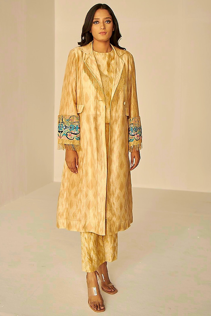 Beige-Gold Chanderi Cotton Silk Embroidered Trench Jacket by BETRUE