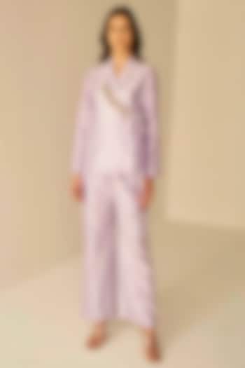 Lilac Chanderi Cotton Silk Shibori Printed Jacket Set by BETRUE