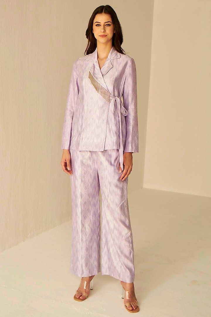 Lilac Chanderi Cotton Silk Shibori Printed Jacket Set by BETRUE