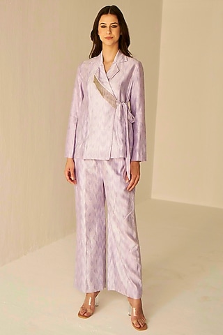 Lilac Chanderi Cotton Silk Shibori Printed Jacket Set by BETRUE