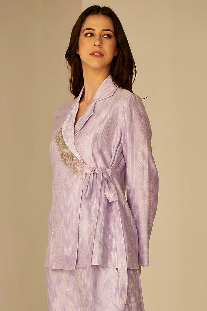 Lilac Chanderi Cotton Silk Shibori Printed Jacket Set by BETRUE at Pernia's Pop Up Shop