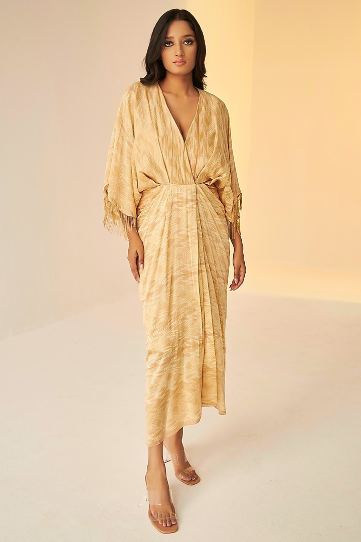 Beige-Gold Chanderi Cotton Silk Shibori Dyed Draped Dress by BETRUE