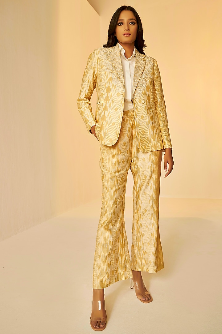 Beige Golden Chanderi Cotton Silk Shibori Dyed Blazer Set by BETRUE at Pernia's Pop Up Shop