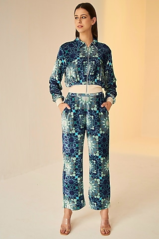 Blue Velvet Printed Bomber Jacket Set by BETRUE