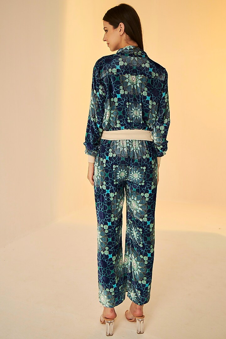 Blue Velvet Printed Bomber Jacket Set by BETRUE at Pernia's Pop Up Shop