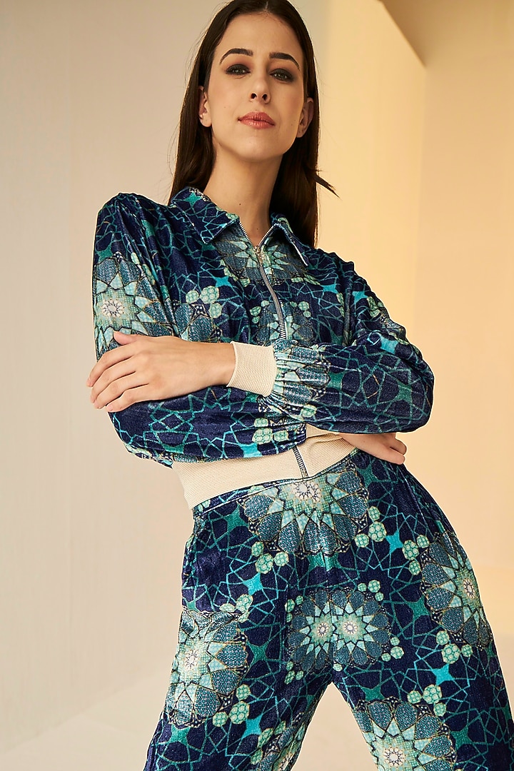 Blue Velvet Printed Bomber Jacket Set by BETRUE at Pernia's Pop Up Shop