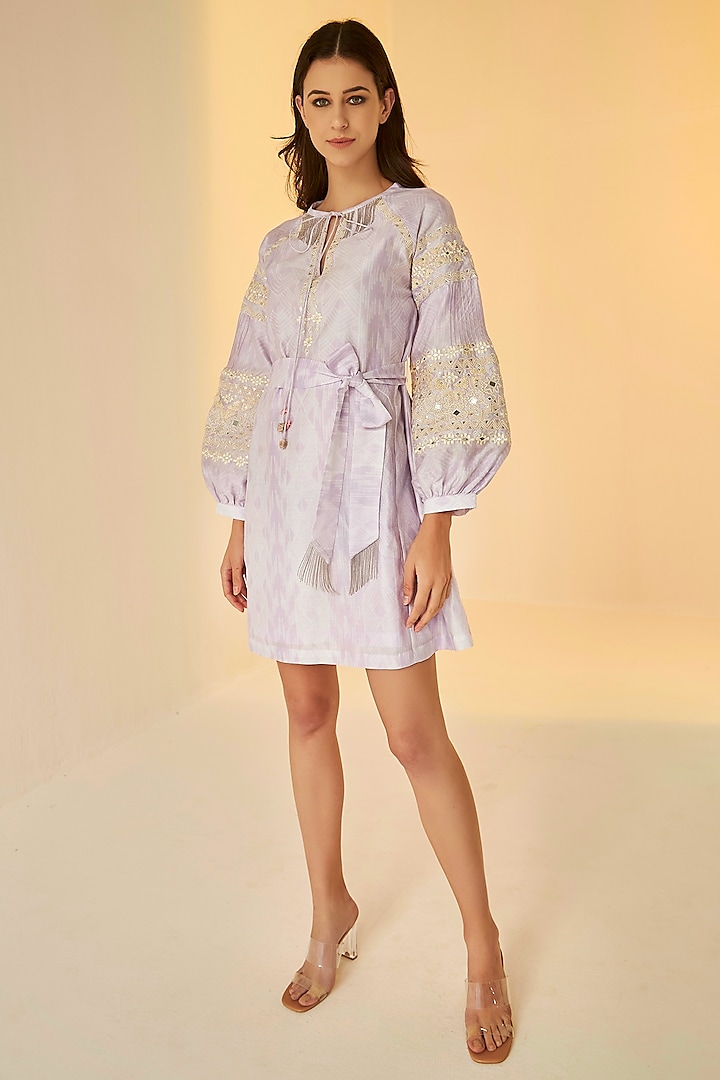 Lilac Chanderi Cotton Silk Shibori Dyed Dress With Belt by BETRUE