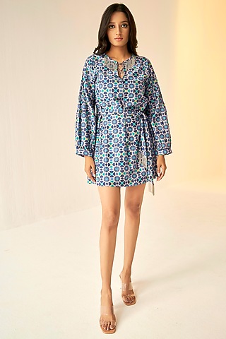 Lilac Cotton Silk Printed Dress With Belt by BETRUE