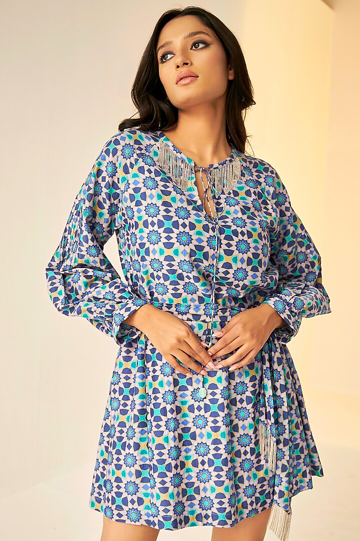 Lilac Cotton Silk Printed Summer Dress With Belt by BETRUE at Pernia's Pop Up Shop