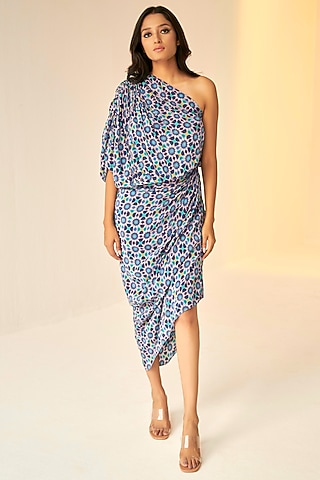 Lilac Pure Crepe Silk Printed One-Shoulder Dress by BETRUE