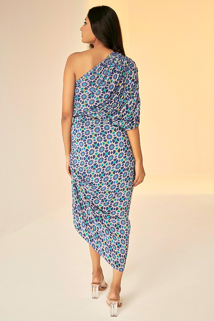 Lilac Pure Crepe Silk Printed One-Shoulder Summer Dress by BETRUE at Pernia's Pop Up Shop