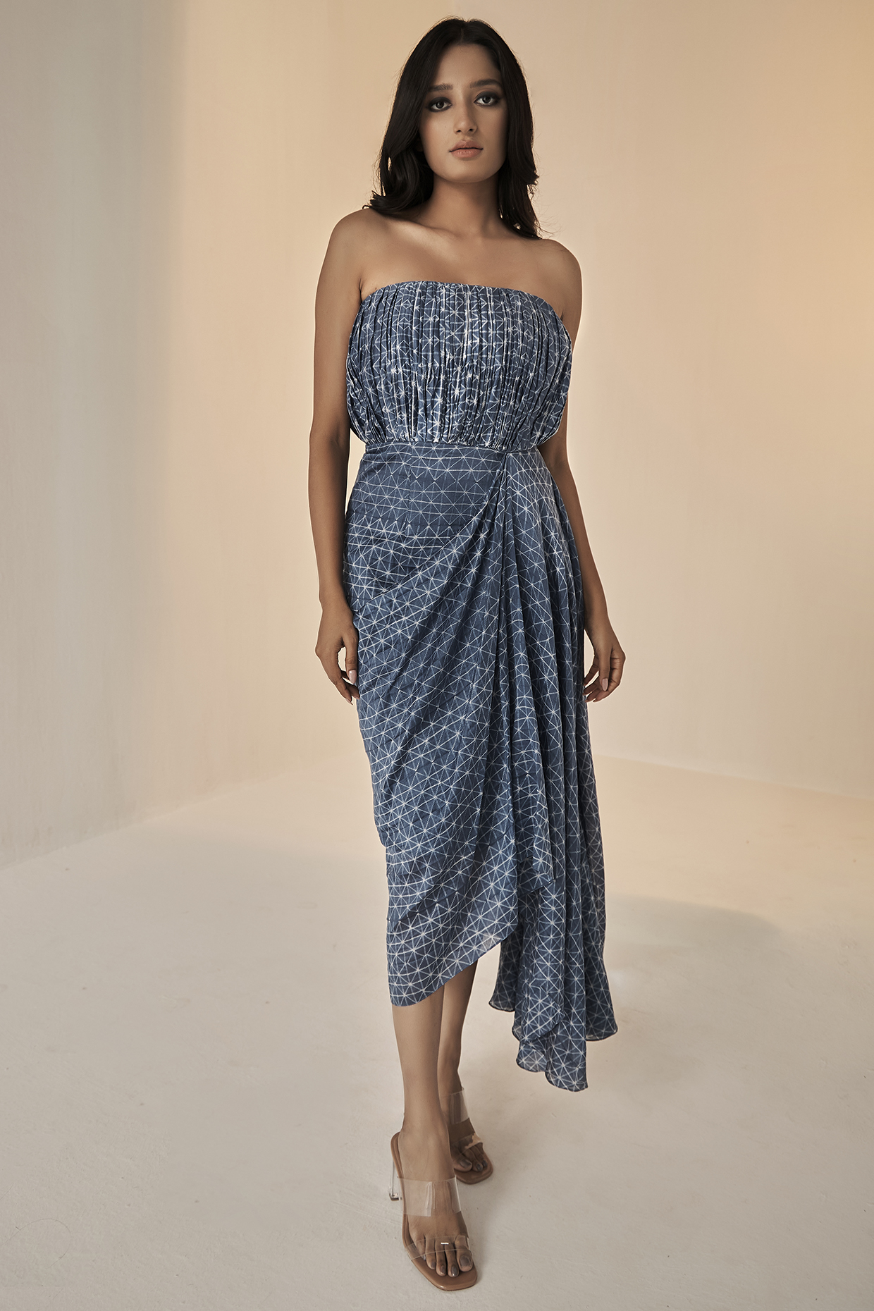 Blue Chanderi Cotton Silk Shibori Dyed Dress by BETRUE