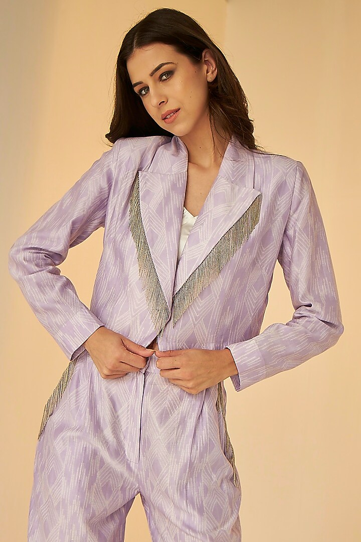 Lilac Cotton Silk Chanderi Shibori Dyed Jacket Set by BETRUE at Pernia's Pop Up Shop