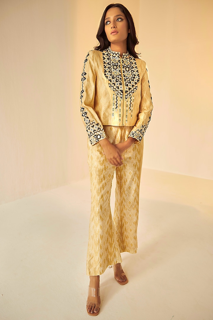 Golden Beige Cotton Silk Chanderi Shibori Dyed Jacket Set by BETRUE