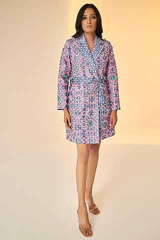 Blue Chanderi Cotton Silk Shibori Dyed Jacket With Belt by BETRUE