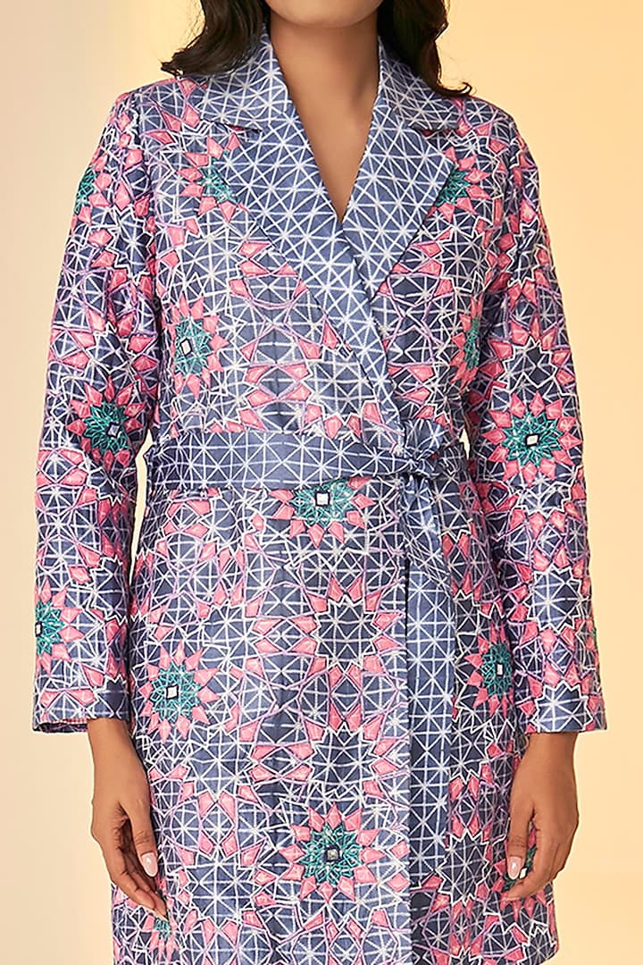 Blue Chanderi Cotton Silk Shibori Dyed Jacket With Belt by BETRUE at Pernia's Pop Up Shop