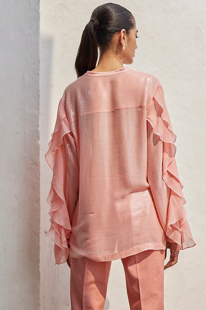 Peach Sequins Georgette Shirt by BETRUE at Pernia's Pop Up Shop