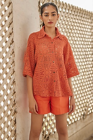 Rust Cotton Crochet Shirt by BETRUE