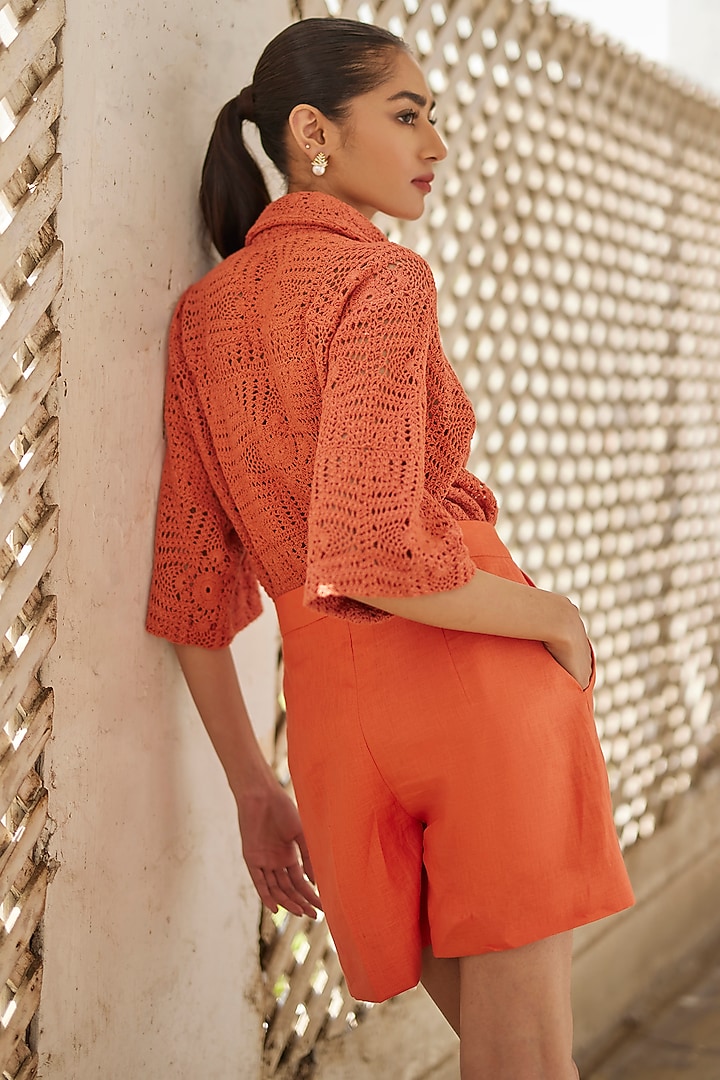 Rust Cotton Crochet Shirt by BETRUE at Pernia's Pop Up Shop