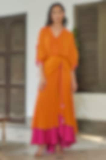 Orange & Pink Georgette Flared Dress by BETRUE